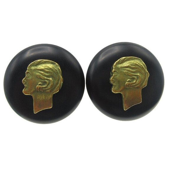 Chanel Button Earrings Black Gold Clip-On 94A - Picture 1 of 5